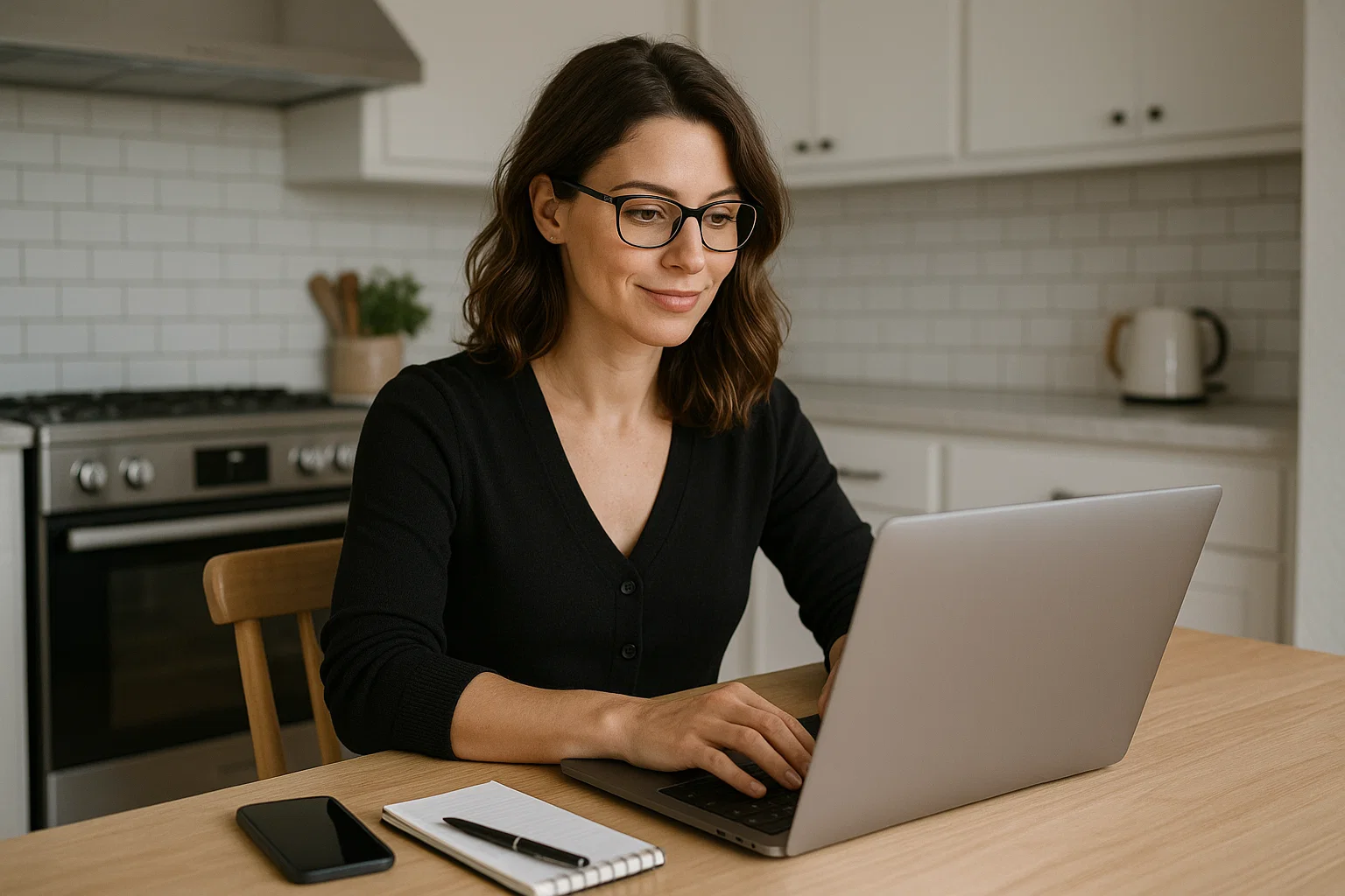 Entrepreneuse digitale utilisant plusieurs écrans dans un bureau connecté.