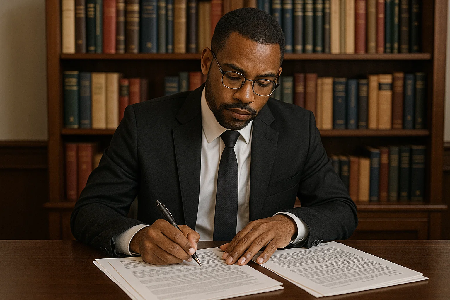 Professionnel libéral consultant ses dossiers clients dans un cabinet lumineux.