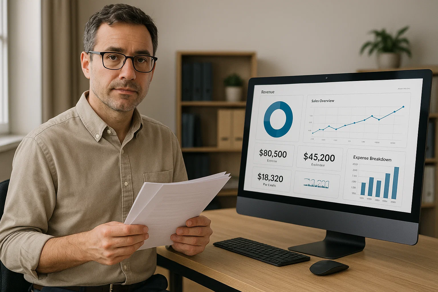 Deux fondateurs de start-up analysant un tableau de bord financier dans un bureau moderne.
